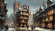 Painting Of A Winter Scene With A Traditional Old-fashioned English Town Street With Snow Covered Medieval Buildings And People Passing Illuminated Windows At Twilight