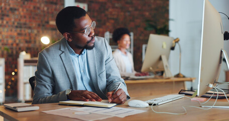 Poster - Planning, black man and writing notes in office with business agenda, administration or review of schedule. Businessman, notebook and report on computer research, information or reminder in journal