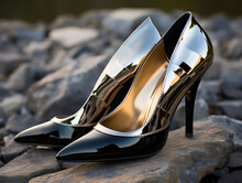A Pair Of Elegant Black And Chrome Patent Stiletto Heels With Gold Insole, Sitting On Rocks By The Beach