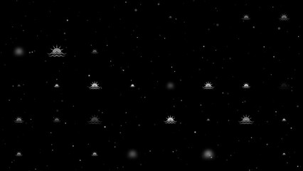 Poster - Template animation of evenly spaced sunrise at sea symbols of different sizes and opacity. Animation of transparency and size. Seamless looped 4k animation on black background with stars