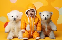 Baby In Yellow Outfit Sitting Between Two Plush Polar Bears.