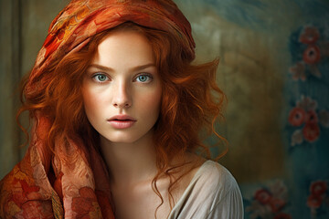 Wall Mural - Beautiful young redhead woman with headscarf vintage style AI generated image