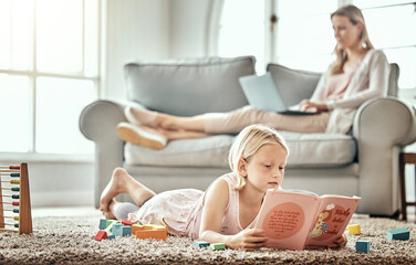 Sticker - Child, floor and reading book for learning, language development and mother work from home in living room. Girl or kid with English story, education and relax on carpet with mom or family on sofa