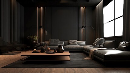 Wall Mural - Modern living room with a dark sofa, wooden table, and windows, generated by AI