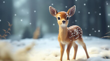 Cute Baby Deer In Winter Forest. Horizontal Christmas Card. Generative AI