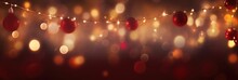 Holiday Illumination And Decoration Concept - Christmas Garland Bokeh Lights Over Red, Burgundy Or Wine Shaded Background Banner, Stars, Baubles And Decoration For X-mas