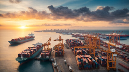 Aerial view of international port, Logistics and transportation of International Container Cargo ship at sunset, twilight sky, Freight Transportation. ai generative