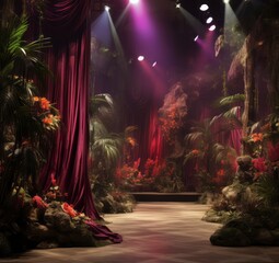 Wall Mural - fashion show background, complex, rich colors, elements of modern jungle environment,