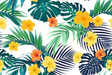 Wall Mural - Summer tropical seamless pattern with palm leaves and hibiscus flowers. Textile floral fashion design, vector illustration.