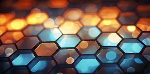 yellow and blue neon hexagon pattern abstract backgrounds, in the style of dark brown and orange, digital light and shadow, glowing light black and sky-blue, glass as material, bokeh. generative AI