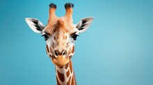 Close-up Portrait Of Giraffe Head. Cute Giraffe On Blue Background With Copyspace. Funny Animal Looking At Camera.