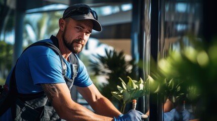 a repairman repairs adjusts, or installs metal-plastic windows in the apartment.