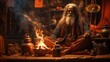 Indian man sitting beside hookah and Hindu deity icon with lit diya