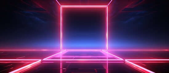 Poster - Square portal with red neon lights virtual reality world glowing lines pink and blue hues UV spectrum laser show smoke and fog over terrain