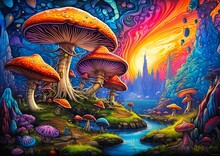 Mushrooms Stream Forest Journey West Amazing Landscape Red Dream World Nuclear Mushroom Smoke Wonderland Night