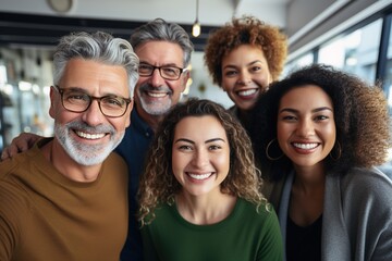 Multicultural happy people taking group selfie portrait in the office, diverse people celebrating together, Happy lifestyle and teamwork concept