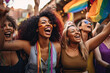 © ZoomTeam - Group of friends celebrate gay pride with flags by dancing at a demonstration for support for equality