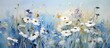 white flowers field blue sky dawn gold color daisies evokes delight beside sea imagining blissful fate misty garden dragonflies dreamy hazy impressionist artists