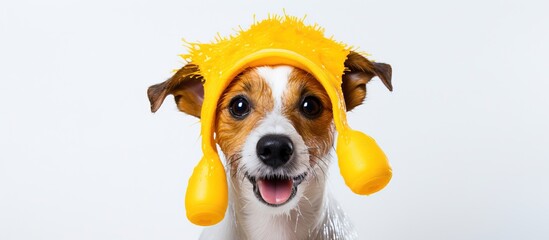 Poster - Jack Russell Terrier dog with foam bath shower cap white background