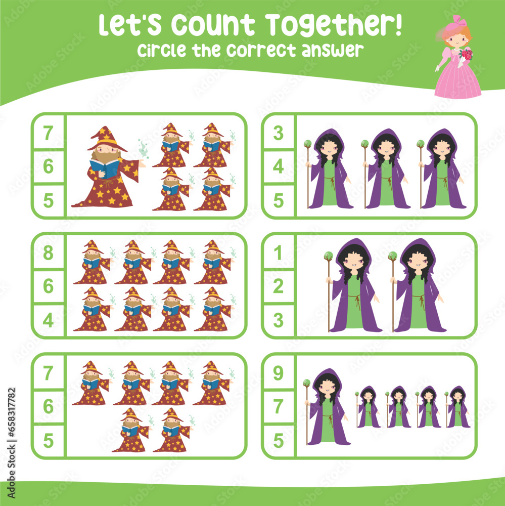 Counting and circle the correct number with cute fairytale kingdom ...