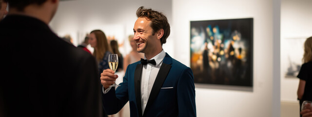 Wall Mural - Man stands with a glass of champagne during an exhibition at the gallery