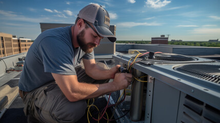 Canvas Print - Air Conditioning Repair, repairman on the rooftop fixing air conditioning system.