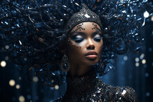 Black Afro American Fashion Model With Swarovski Crystal Makeup And Clothing