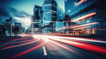 Light trails on the modern building background. Light trails at night in urban environment, Abstract Motion Blur City, traffic, transportation, street, road, speed