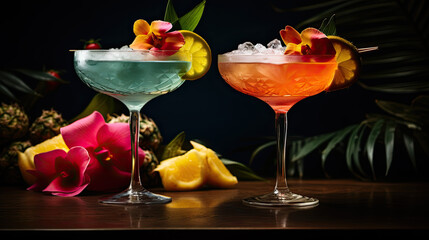 Wall Mural - Two delicious cocktails with tropical fruits stand on the table isolated on dark background