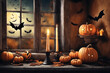 halloween holiday decorations, scary jack o lantern pumpkins and candles on a windowsill, flying bats outside the window, moonlit night, mystic and dark magic