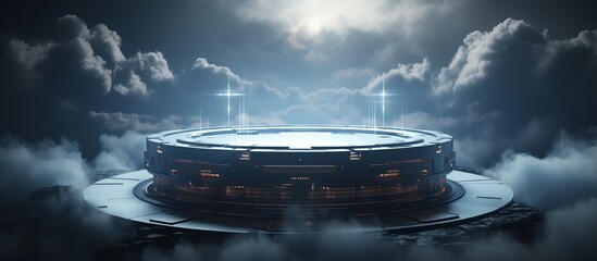 Poster - Sci fi mech circle pedestal rendered in with LED light grunge fog and cloud background Ideal for hi tech product display big data computer hardware AI and crypto