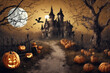 halloween, scarecrow in front of the old house, around pumpkins and mystical forest, flying bats on big full moon background, scary and fabulous, dark magic