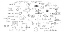 Hand Drawn Math Symbols. Math Symbols On Notebook Page Background. Sketch Math Symbols. Eps10 Vector Illustration.