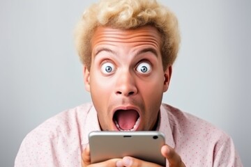 Poster - A man with a surprised expression on his face as he looks at his cell phone. Perfect for illustrating the shock or surprise of receiving unexpected news or messages on a mobile device.
