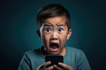 Poster - A young boy holding a cell phone in his hands. Perfect for illustrating technology use by children.