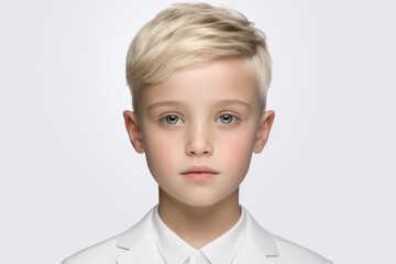 Aufkleber - A young boy dressed in a white suit and tie. This image can be used for formal occasions or to represent elegance and sophistication.