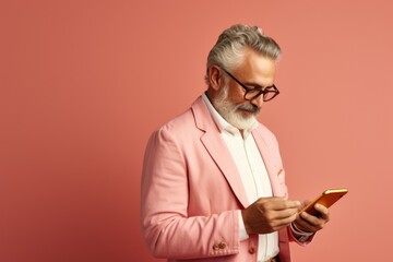 Aufkleber - A man dressed in a vibrant pink suit is engrossed in his cell phone. This image can be used to depict modern technology, communication, or fashion.