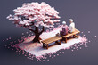 old couple sitting on a bench with a cherry blossom tree beside the bench with petals falling from the tree, 3d isometric style. Generative AI