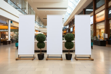 Poster - Promotion banner with isolated white color in shopping mall. Advertising mockup. Background as copy space or blank