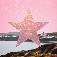 pink christmas star on light pink starry background and coastal landscape