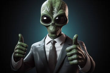 Alien shows thumbs up gesture. Portrait with selective focus and copy space