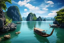 Beautiful Landscape With Longtail Boats In Halong Bay, Vietnam, Beautiful Landscape Halong Bay View From Adove The Bo Hon Island, AI Generated