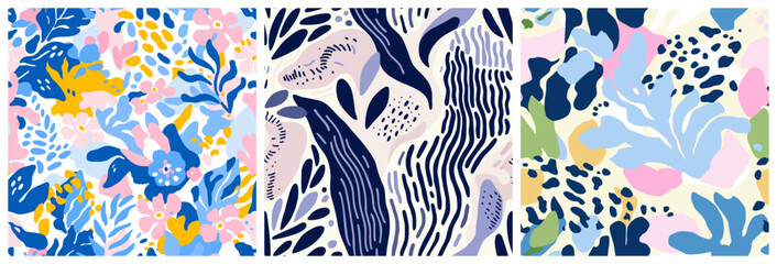 Poster - abstract plant leaf art seamless pattern set with colorful hand drawn exotic summer foliage doodle. 