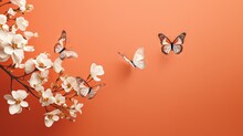  Two Butterflies Flying Over A Branch Of White Flowers On An Orange Background.  Generative Ai