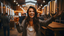Happy Woman Tasting Beer At Factory