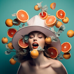 Wall Mural - A creative portrait of an attractive girl with a hat and floating fruit in her hair and around her. Vintage-inspired style.