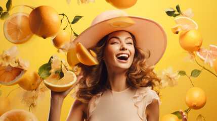 Wall Mural - A creative portrait of an attractive girl with a hat and floating fruit in her hair and around her. Vintage-inspired style.