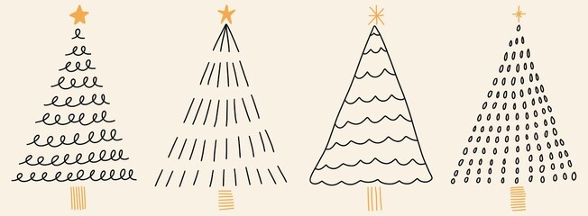 Wall Mural - Hand drawn abstract Christmas tree with star on top drawing illustration vector collection set banner repeat pattern black and gold colour modern trendy design icon symbol 