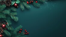  A Green Christmas Background With Pine Cones And Red Berries On The Branches.  Generative Ai