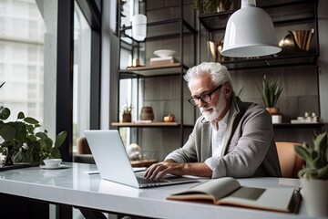 Canvas Print - An elderly man at a laptop. Writer, scientist, businessman. Remote work at home.